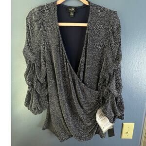 MSK blue silver metallic glitter tiered long sleeve wrap style blouse XL NWT